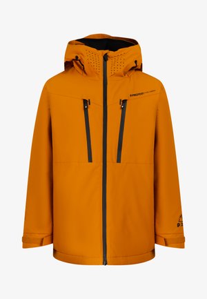 Orange waterproof jacket with hood, two vertical chest zip pockets, front zipper, and sleeve Velcro straps, branded "Protest Pyre Green."