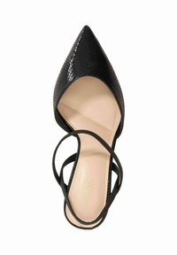 Black pointed-toe high heel with textured snake print upper, nude insole, and crisscross ankle straps. Smooth finish and elegant design.