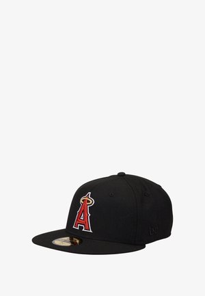 Black baseball cap featuring an embroidered red and white logo with a halo. Flat brim, structured design, and adjustable back.