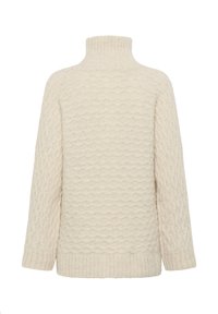 Cremefarbener Strickpullover mit hohem Kragen, strukturiertem Muster und geripptem Saum. Lange Ärmel mit leicht abgesenkten Schultern.