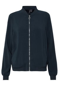 Marinblå bomberjacka i mjukt tyg, med dragkedja fram, hög krage och elastiska ärmslut samt sidfickor.