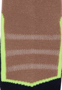 Braune gestrickte Socke mit helleren Streifen, die oben einen neon-grünen Akzent und unten einen dunkelblauen Bereich hat.