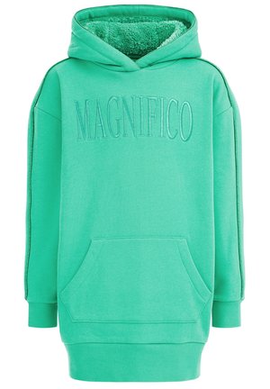 Sweat à capuche long couleur teal avec doublure douce, poche kangourou sur le devant, et "MAGNIFICO" embossé sur la poitrine.