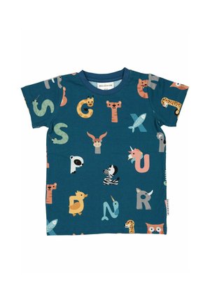 Børns blå kortærmede skjorte med farverige dyreformede alfabetbogstaver, herunder giraf, zebra, enhjørning, ugle og fiskemønstre.