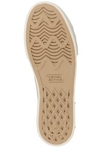 Light-colored rubber shoe sole with textured wavy and diamond patterns, featuring “camel active” branding, size 41.