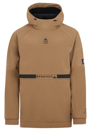 Chaqueta de pulóver marrón con un alto cuello, capucha ajustable y acentos de logo negro. Cuenta con una banda negra horizontal en la cintura. Material impermeable.