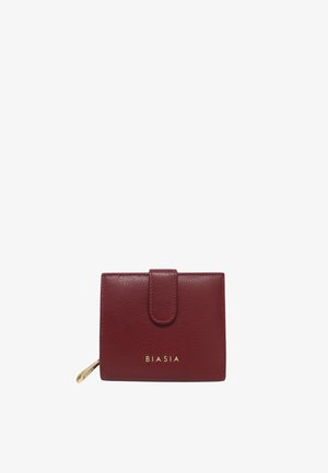 Portefeuille en cuir bordeaux avec une finition texturée, doté d'une fermeture à bouton-pression magnétique, d'un logo "BIASIA" en relief et d'une poche zippée sur le côté.