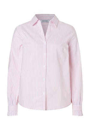 Langärmelige pink-weiß vertikal gestreifte Bluse mit klassischem Kragen und gerafften Manschetten.