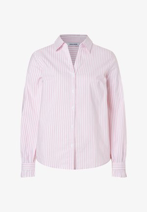 Langärmelige pink-weiß vertikal gestreifte Bluse mit klassischem Kragen und gerafften Manschetten.