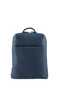 Zaino blu navy realizzato in tessuto testurizzato, dotato di manico superiore, tasca frontale e chiusura con zip. Design minimalista con dettaglio del logo.
