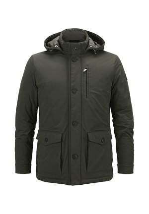 Olivgrüne isolierte Jacke mit Kapuze, Reißverschluss-Brusttasche und zwei Frontklapptaschen. Mit Druckknopfverschluss und elastischen Bündchen.