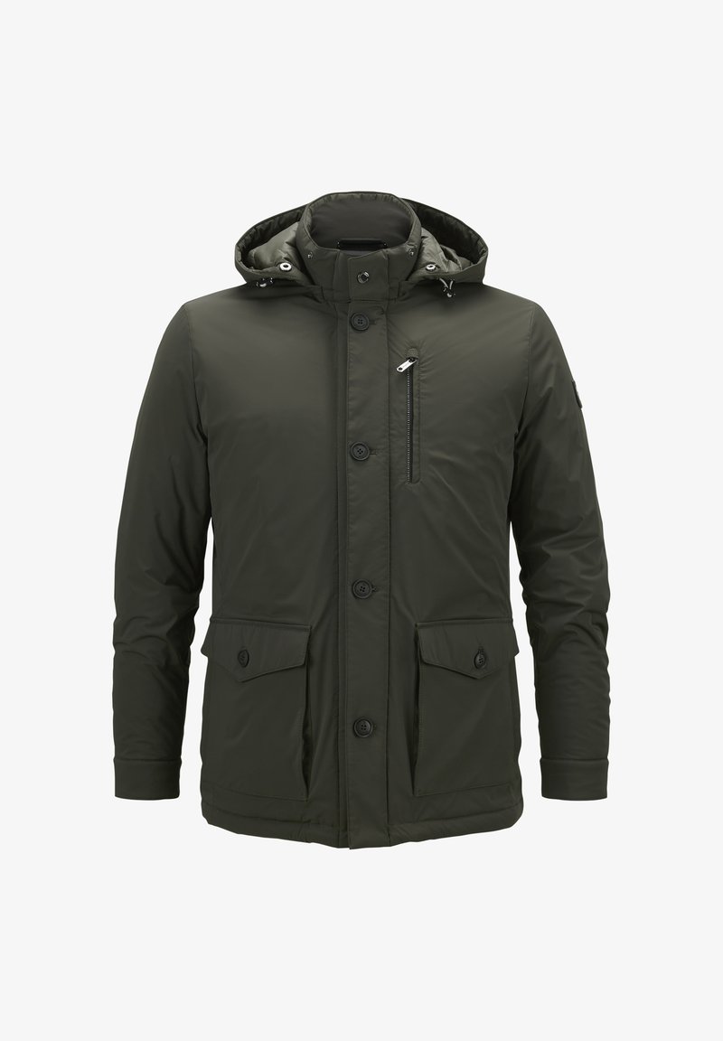 Olivgrüne isolierte Jacke mit Kapuze, Reißverschluss-Brusttasche und zwei Frontklapptaschen. Mit Druckknopfverschluss und elastischen Bündchen.