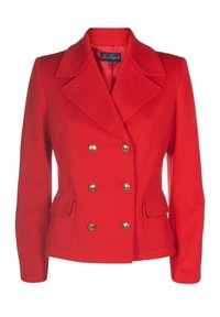Czerwona dwurzędowa kurtka z mieszanki wełny z dużymi klapami z wycięciami, złotymi guzikami i dwoma przednimi kieszeniami. Gładka faktura i dopasowany krój.