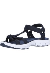 Marinblå sandal med tygremmar med knutdetalj, vadderad sula och en vit gummi sål för bra grepp.