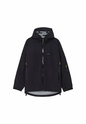 Giacca nera con cappuccio, chiusura frontale con cerniera, due tasche laterali con zip, una piccola tasca con zip sulla manica e dettagli gialli sulle cerniere.