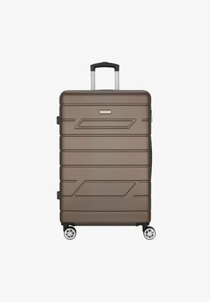 Valise rigide en bronze métallique, dotée d'une surface texturée, d'un design élégant, d'une poignée télescopique et de quatre roues pivotantes pour faciliter le déplacement.
