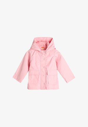 Chaqueta infantil de color rosa claro con capucha, cierres a presión, dos bolsillos frontales y un interior forrado para mayor calor. Material suave y ligero.