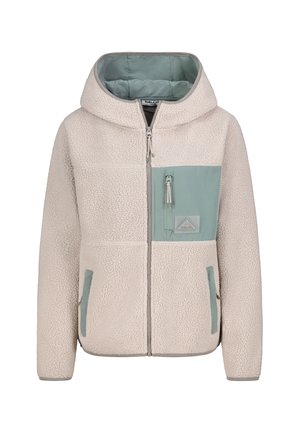 Fleecejacke in Creme mit einer hellgrünen Brusttasche. Verfügt über eine Kapuze, einen Reißverschluss und Seitentaschen. Texturierte Außenfläche.