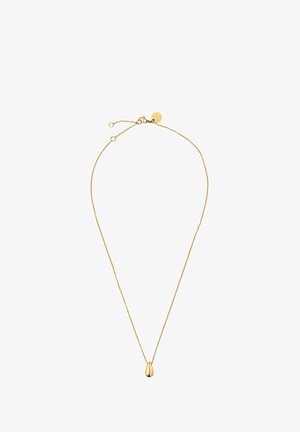 Goldfarbene Halskette mit feiner Kette und tropfenförmigem Anhänger. Mit einem Karabinerverschluss und verstellbarer Länge sowie einem kleinen runden Anhänger.