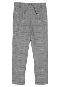 Šedé kostkované kalhoty s šňůrkovým pasem, které mají různé vzory kostek a hladkou texturu. Součástí jsou dvě boční kapsy.