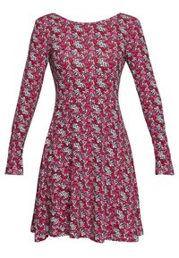 Kwiatowa sukienka na czerwonym tle z białymi i różowymi kwiatami. Długie rękawy, dopasowane bodice, rozkloszowana spódnica, wykonana z elastycznego materiału.