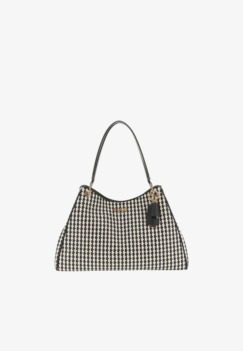 Borsa a tracolla intrecciata in bianco e nero con un profilo curvo, una maniglia nera liscia, dettagli in oro e un piccolo fiocco decorativo.