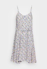 Hihaton kukkakuvioinen mekko ohuilla hihnoilla, napit rinnan kohdalla ja solmivyö vyötäröllä pastellisävyissä.