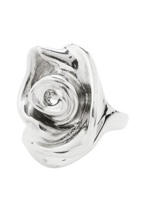 Sølvring formet som en stiliseret, abstrakt rose med glatte, polerede, buede kronblade og et åbent midterspiral design.