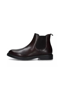 Stivale Chelsea in pelle marrone scuro con pannelli laterali elastici neri e un'etichetta sul retro, tacco basso e punta arrotondata.