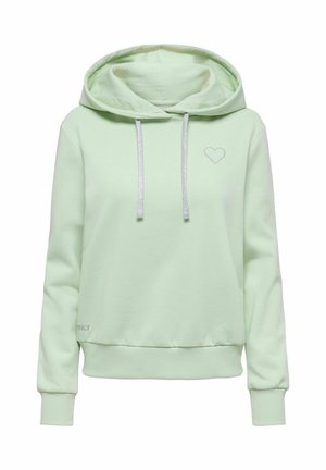 Sudadera verde claro de tela suave con capucha ajustable, puños acanalados y un pequeño bordado de un corazón plateado en el pecho.