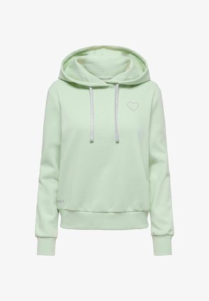 Svijetlozeleni dukserica od mekog materijala s kapuljačom na vezanje, rebrastim manžetama i malim srebrnim vezom srca na prsima.