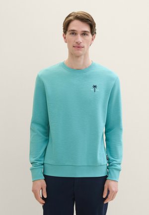 Türkisfarbener Sweatshirt aus weichem Material mit Rundhals, langen Ärmeln und einem kleinen Palmenmotiv auf der Brust.