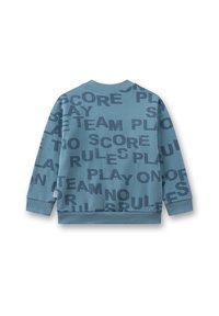 Blaues Sweatshirt mit Rundhalsausschnitt, verziert mit auffälligen dunklen Textdesigns wie "SCORE", "PLAY" und "TEAM". Weicher Stoff; gerippte Ärmelbündchen und Saum.