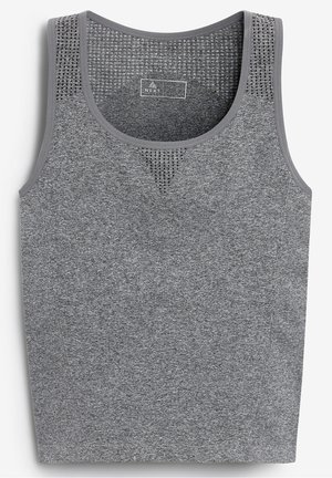Grey sleeveless sports tank top with breathable mesh panels on shoulders and upper chest, seamless design, and round neckline.