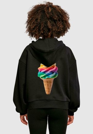 Black hoodie featuring a colorful ice cream cone graphic on the back, with a waffle cone design and swirls of pink, blue, green, and yellow.