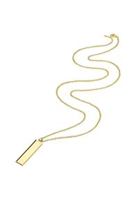 Goldene Halskette mit einem rechteckigen Anhänger. Sie verfügt über eine zarte Kette mit miteinander verbundenen kleinen Schlaufen. Der Anhänger hat eine polierte Oberfläche.