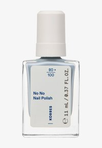 Butelka jasnoniebieskiego lakieru do paznokci z białą nakrętką. Etykieta zawiera napis "No No Nail Polish" oraz szczegóły produktu w niebieskim tekście na białym tle.