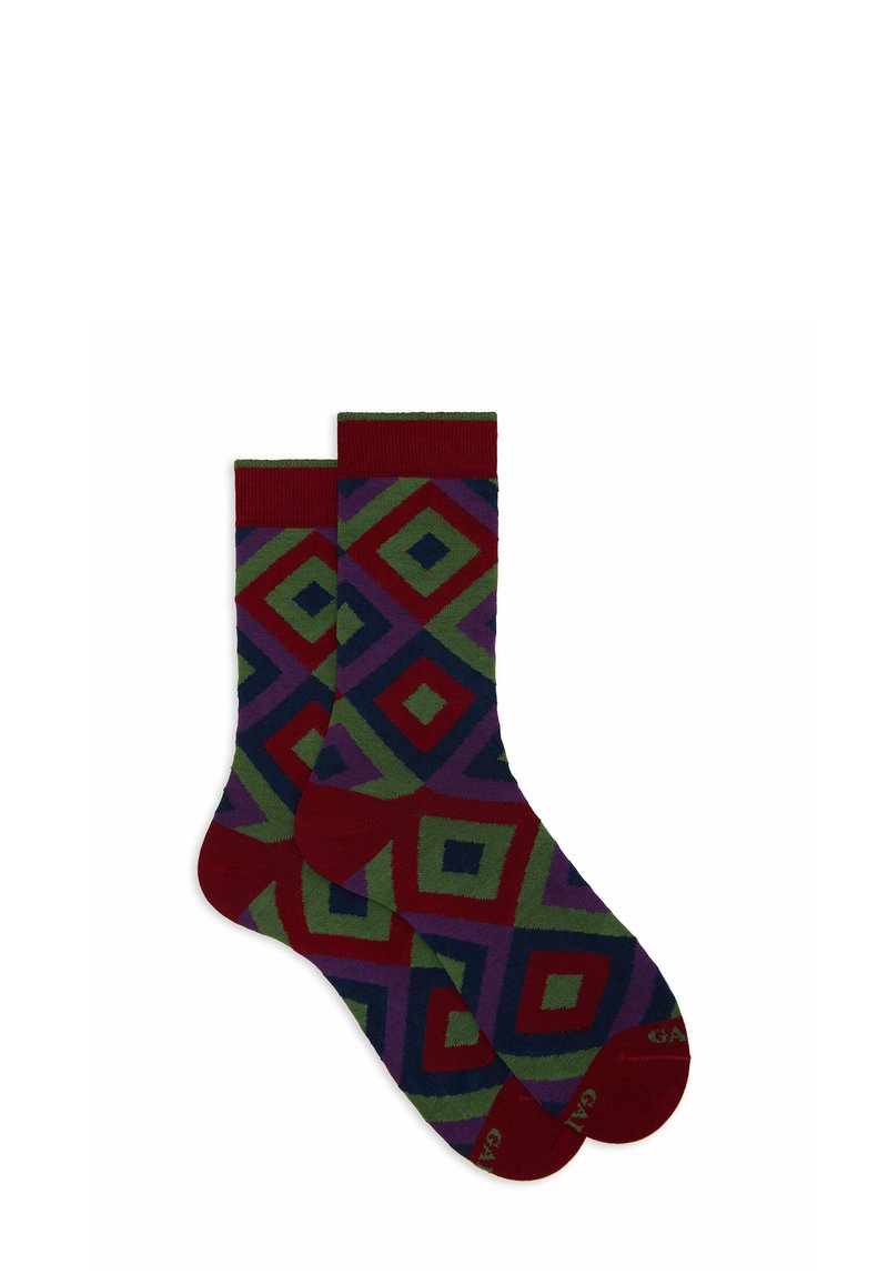 Multi-colored socks featuring a geometric diamond pattern in red, green, purple, and blue. Made from soft, elastic fabric with a ribbed cuff.