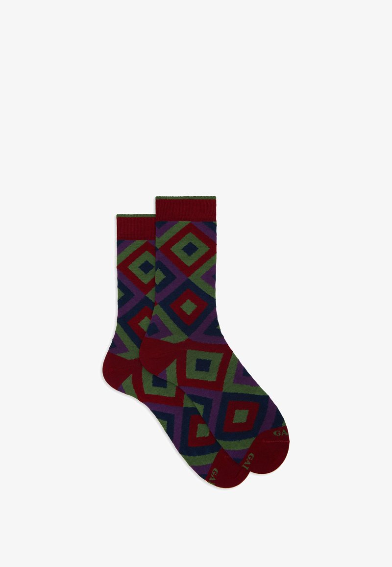 Multi-colored socks featuring a geometric diamond pattern in red, green, purple, and blue. Made from soft, elastic fabric with a ribbed cuff.
