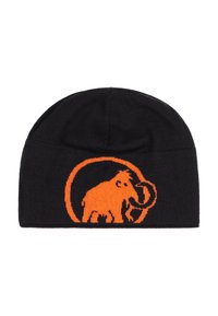 Beanie in maglia nera con design di un mammut arancione all'interno di un contorno circolare. Texture morbida e vestibilità aderente per il calore.