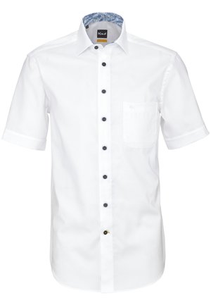 Weißes Herrenhemd mit kurzen Ärmeln, schwarzen Knöpfen, floralem Innenkragenfutter und einer Brusttasche.