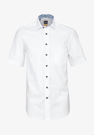 Camicia da uomo bianca a maniche corte con bottoni neri, fodera floreale interna del colletto e taschino sul petto.