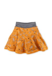 Gonna arancione a campana con motivi di foglie e stelle in bianco e nero, dotata di una cintura elastica a righe bianche e nere.