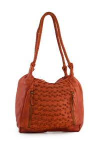 Braune Leder-Schultertasche mit strukturiertem Vorderteil, das erhabene kreisförmige Muster und goldene Reißverschlussakzente aufweist. Im Lieferumfang ist ein geflochterter Gurt enthalten.