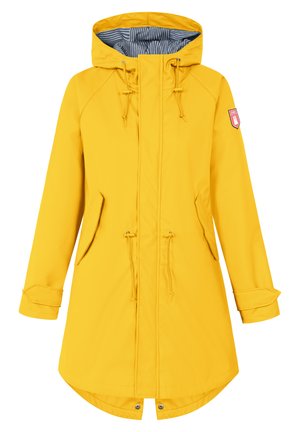 Veste imperméable jaune avec capuche, cordons de serrage réglables, deux poches avant et doublure intérieure rayée. Présente un patch logo sur la manche.