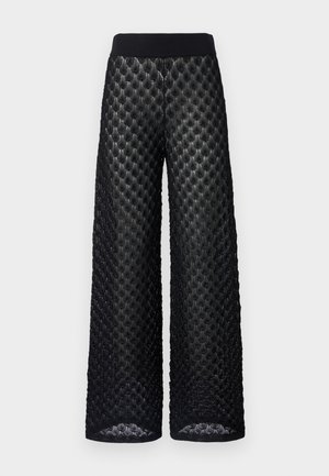 Pantaloni neri a gamba larga con un motivo testurizzato a trapuntatura, dotati di una cintura elastica liscia che offre un aspetto stratificato e traspirante.