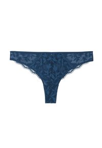 String lacé marine avec un motif floral, des bords festonnés et un détail central en bouton. Texture lisse avec des éléments de design intriqués.