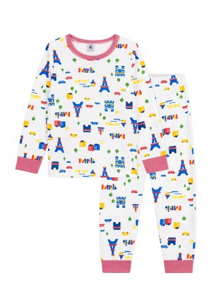 Set di pigiama in cotone bianco con motivi colorati di edifici iconici, auto e alberi, con polsini e scollo a maniche rosse a righe.