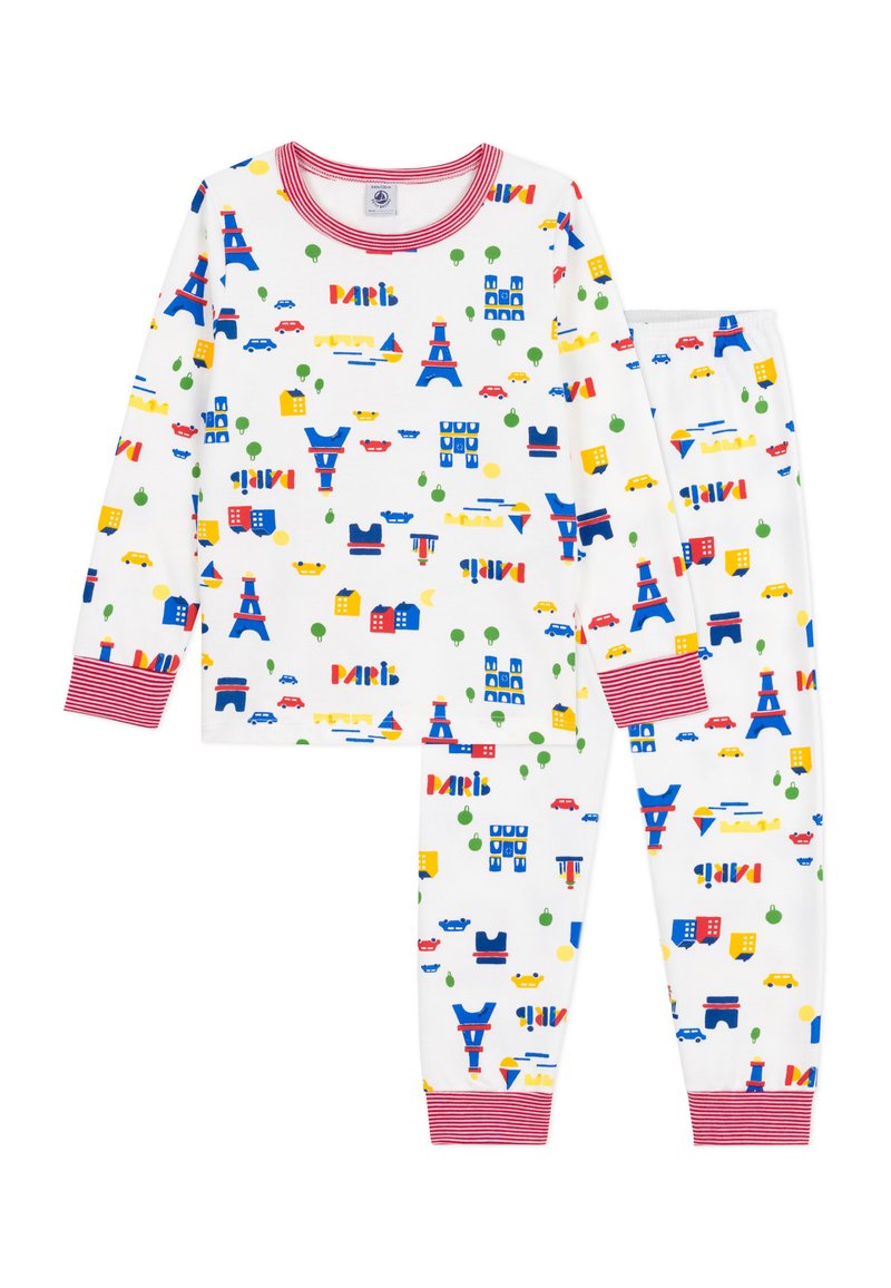 Set di pigiama in cotone bianco con motivi colorati di edifici iconici, auto e alberi, con polsini e scollo a maniche rosse a righe.
