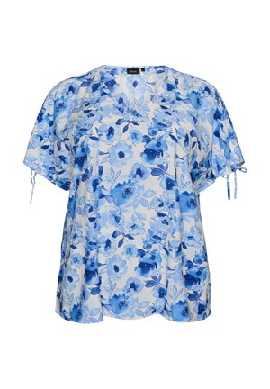 Kortærmet bluse med blåt akvarelblomstermønster på hvid baggrund og justerbare bånd på ærmerne.